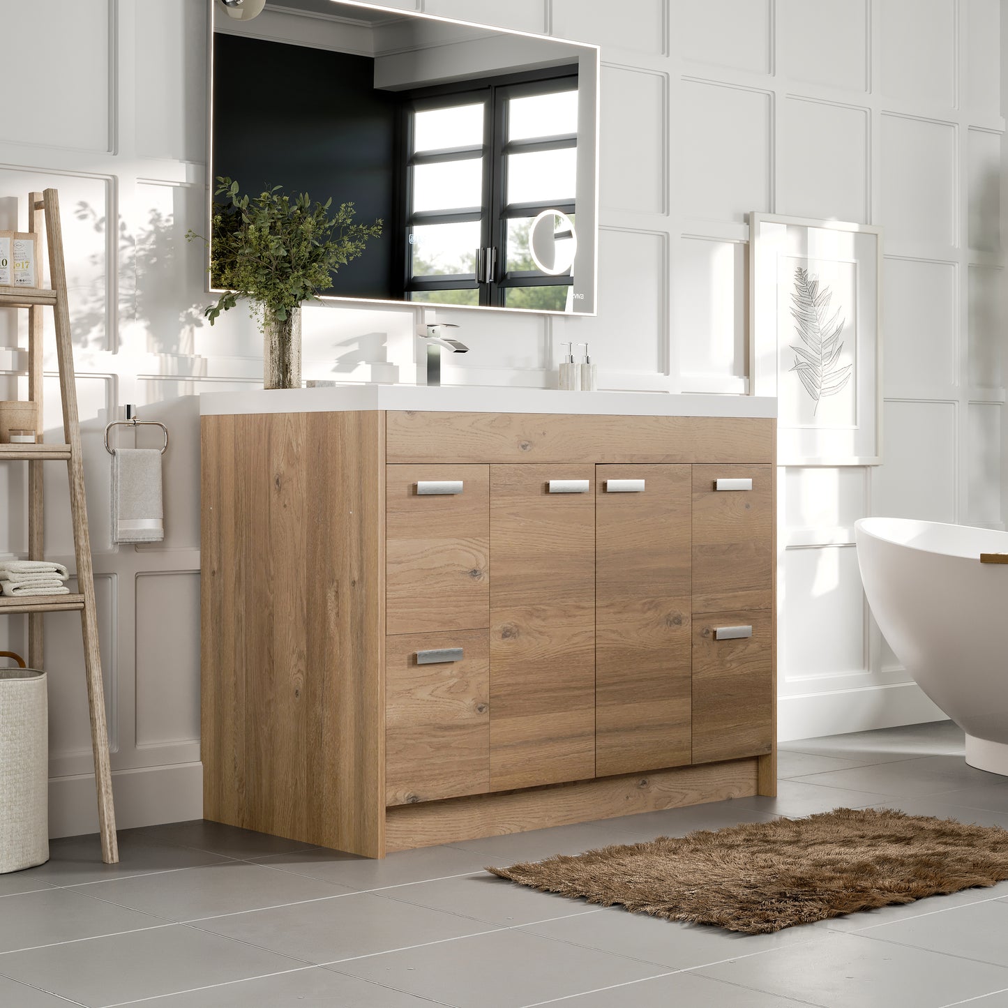 Eviva Lugano 42" Natural Oak Modern Bathroom Vanity w/ White Integrated Top