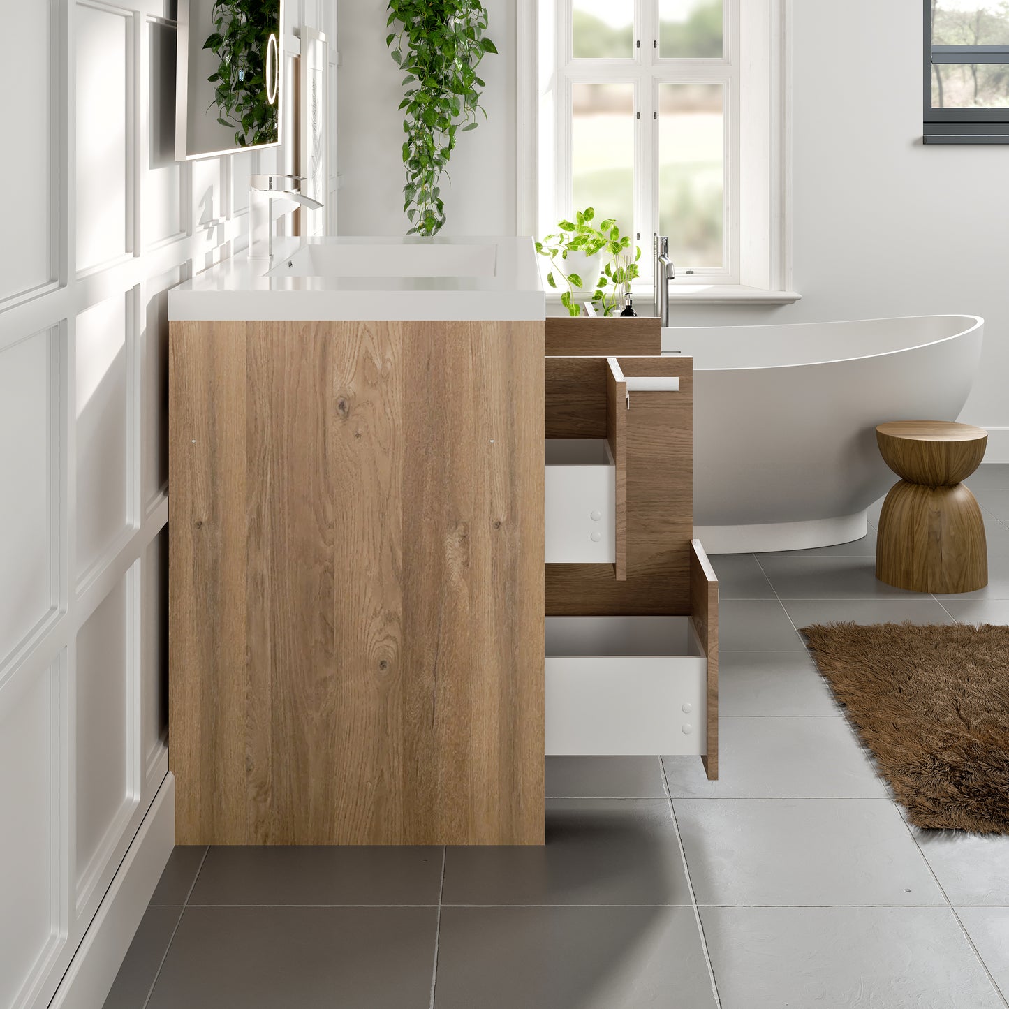 Eviva Lugano 42" Natural Oak Modern Bathroom Vanity w/ White Integrated Top