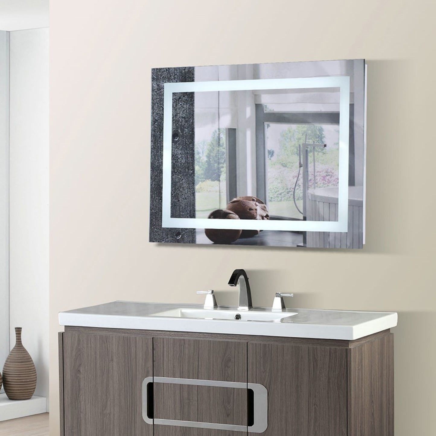 36 in. Rectangular LED Bordered Illuminated Mirror with Bluetooth Speakers with Straight Edges