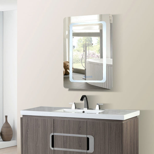 24 in. Rectangular LED Bordered Illuminated Mirror with Bluetooth Speakers with Rounded Edges