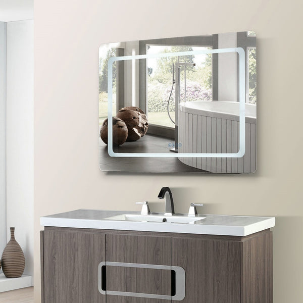 36 in. Rectangular LED Bordered Illuminated Mirror with Bluetooth Speakers with Rounded Edges