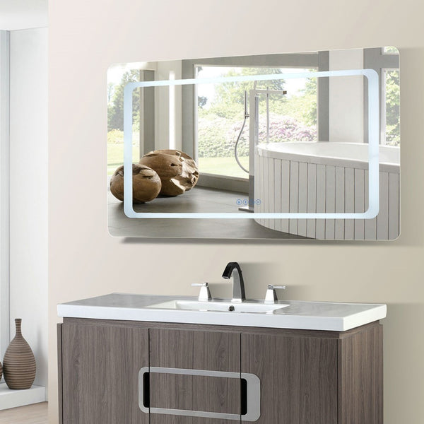 48 in. Rectangular LED Bordered Illuminated Mirror with Bluetooth Speakers with Rounded Edges