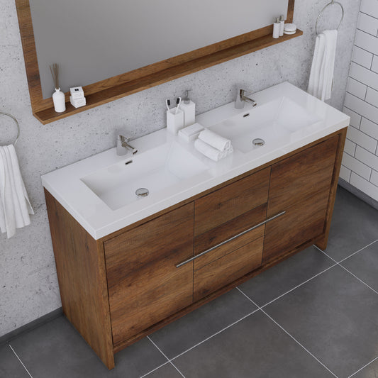 Sortino 60 Inch Double Modern Bathroom Vanity, Rosewood