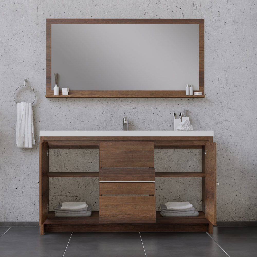 Sortino 60 Inch Single Modern Bathroom Vanity, Rosewood