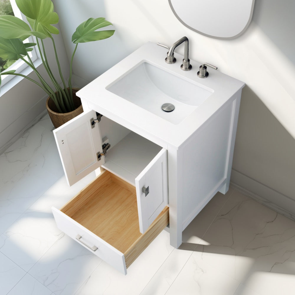 Vanea 24″ Bathroom Vanity in White with White Quartz Top