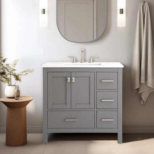 Vanea 36″ Bathroom Vanity in Gray with White Quartz Top