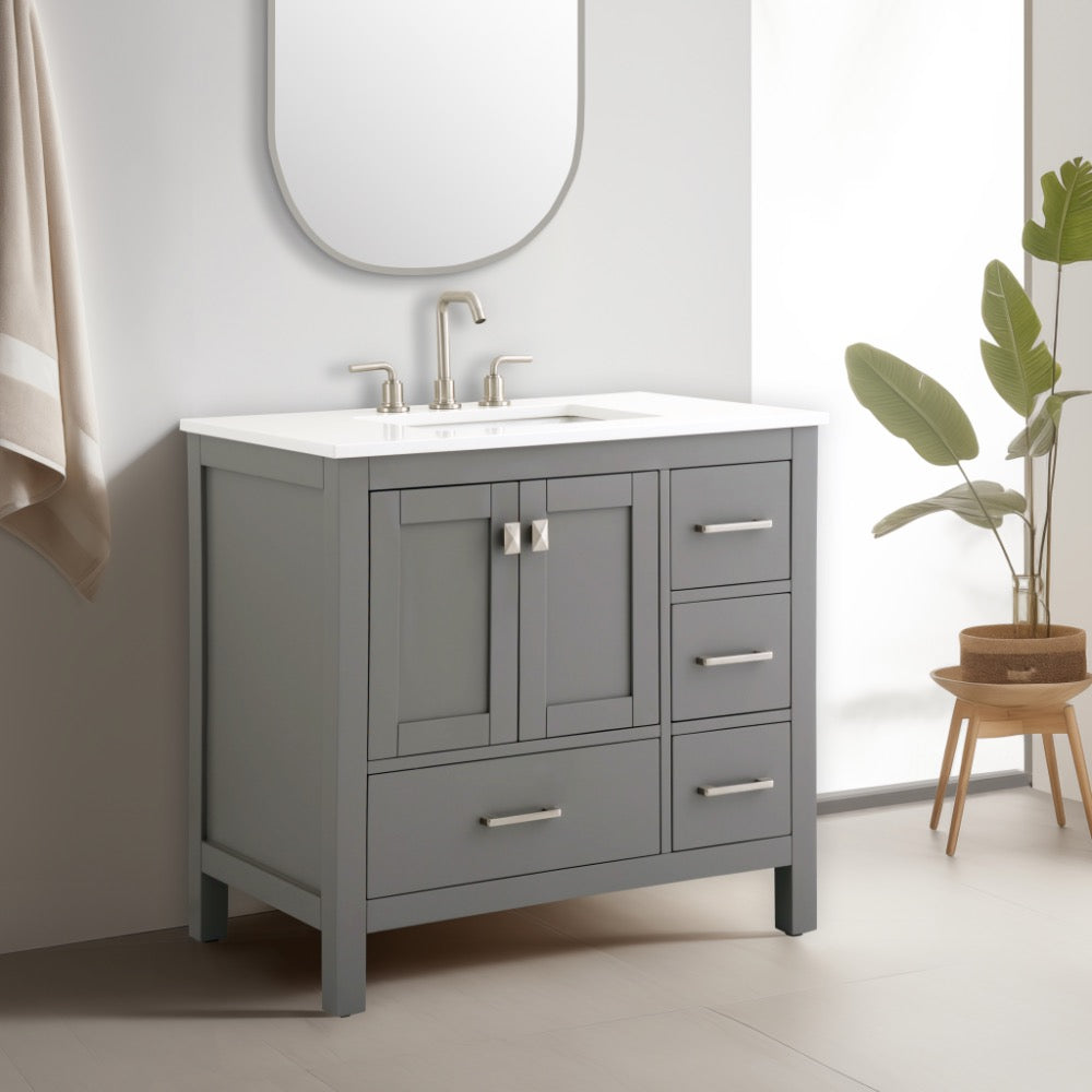 Vanea 36″ Bathroom Vanity in Gray with White Quartz Top