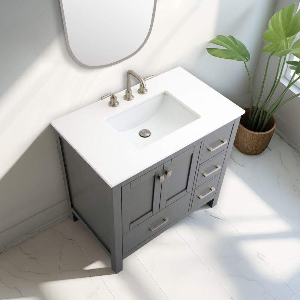 Vanea 36″ Bathroom Vanity in Gray with White Quartz Top