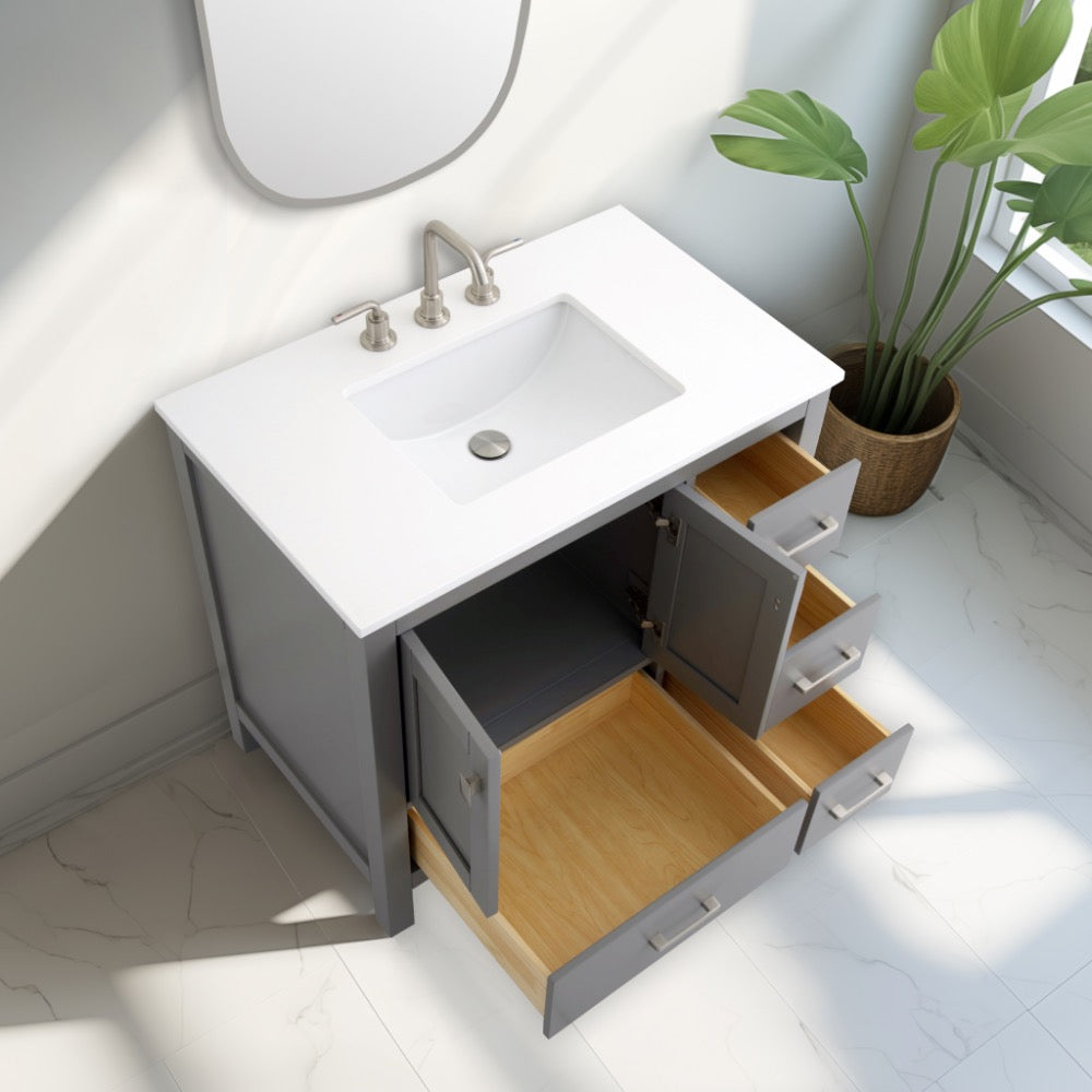 Vanea 36″ Bathroom Vanity in Gray with White Quartz Top