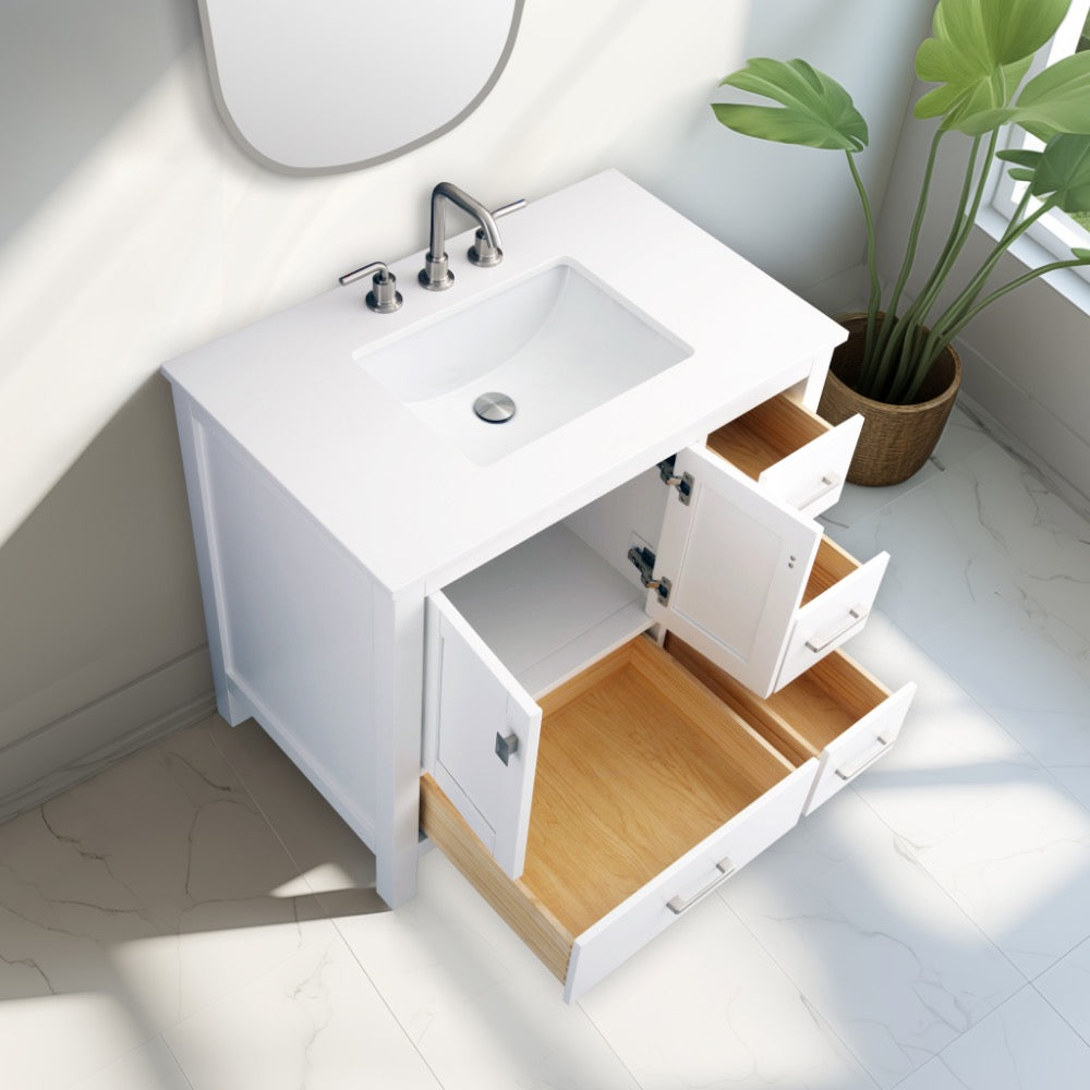 Vanea 36″ Bathroom Vanity in White with White Quartz Top