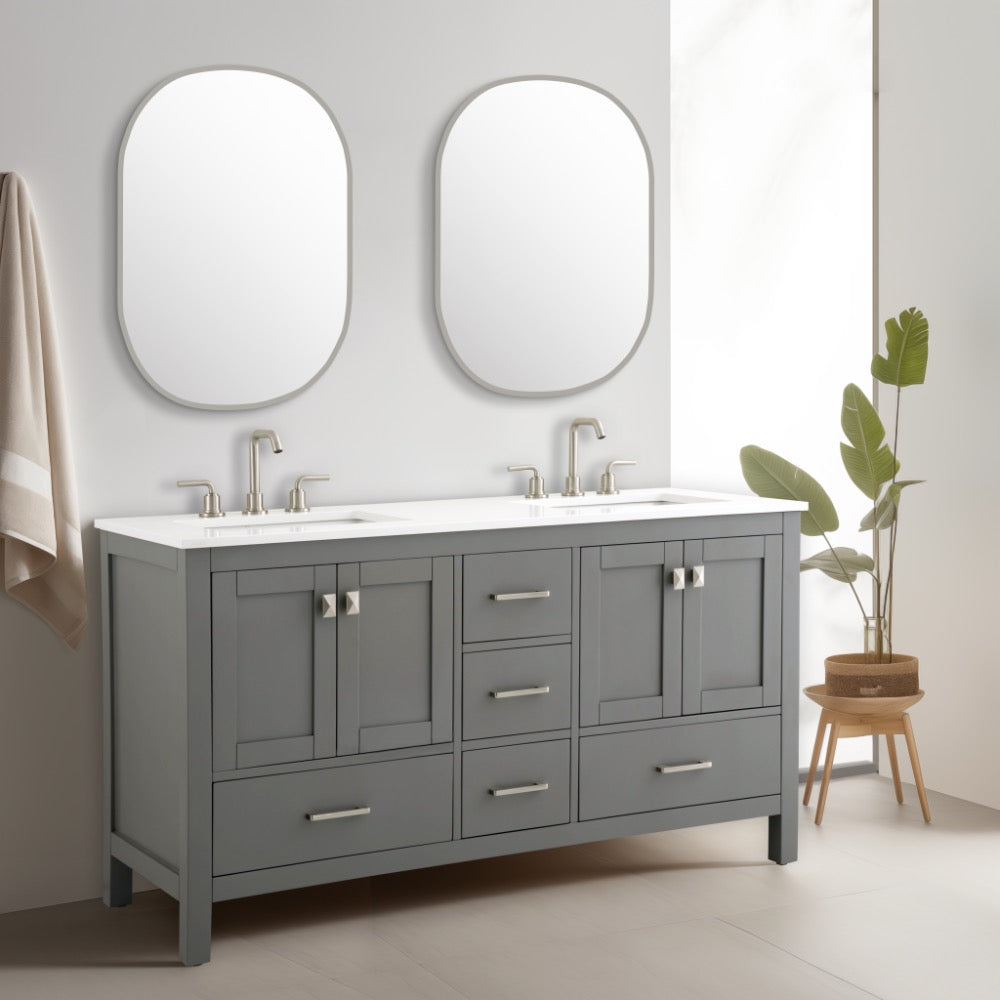 Vanea 60″ Double Bathroom Vanity in Gray with White Quartz Top