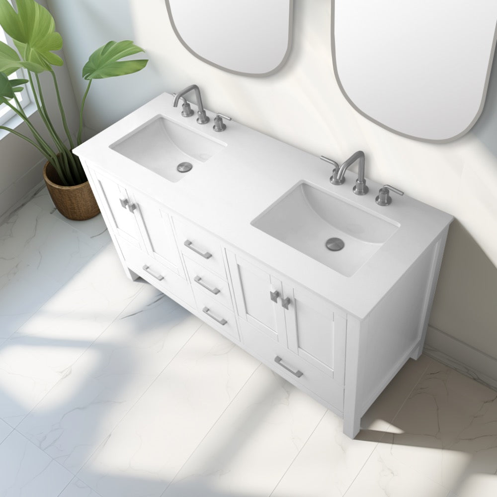 Vanea 60″ Double Bathroom Vanity in White with White Quartz Top