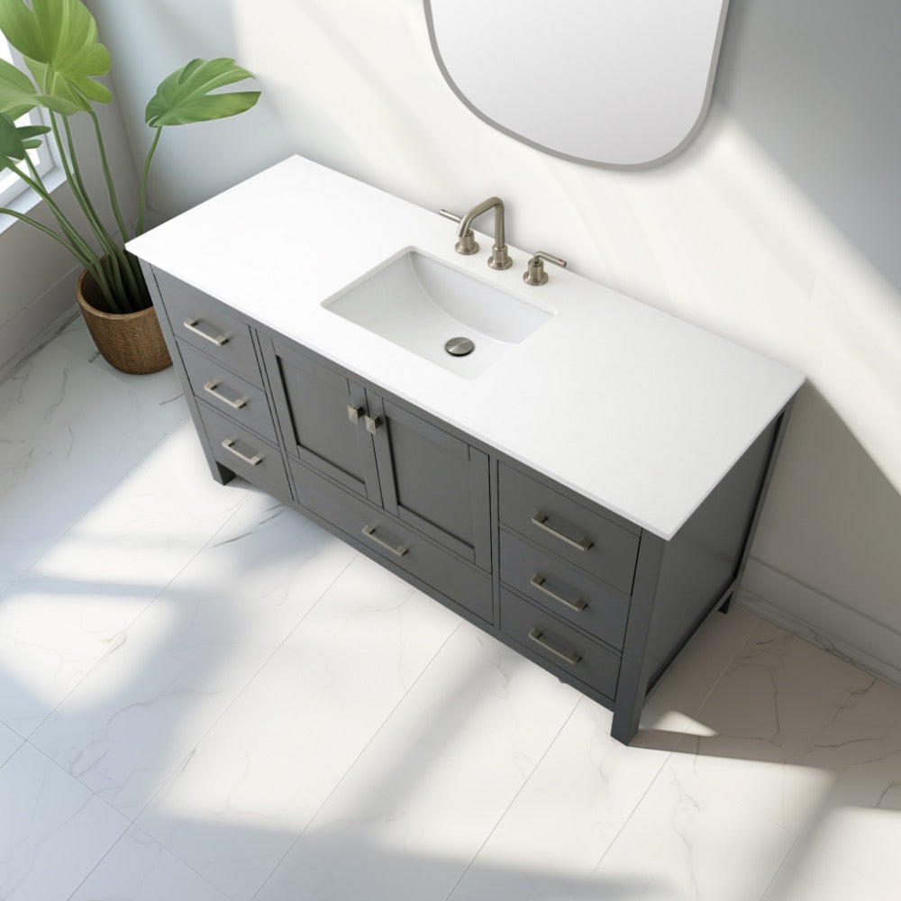 Vanea 60″ Single Bathroom Vanity in Gray with White Quartz Top