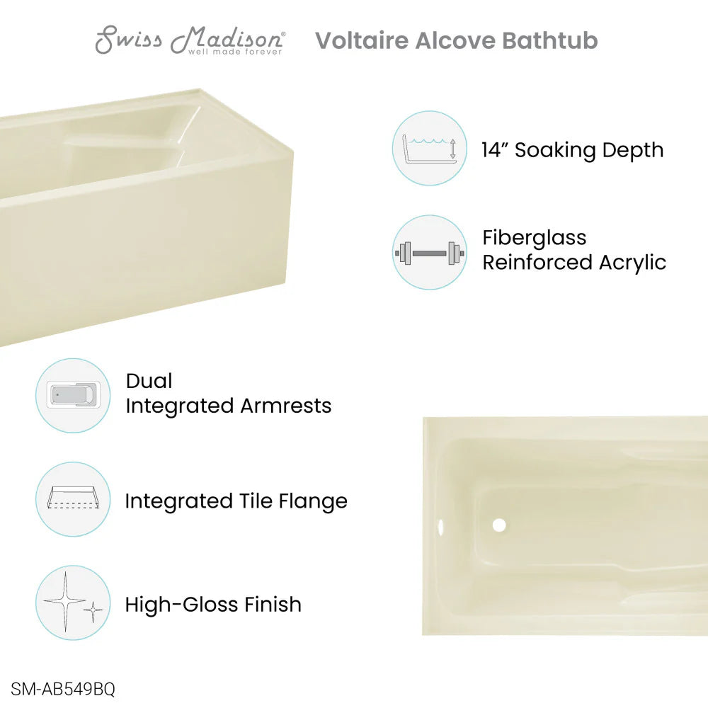 Voltaire 54" x 30" Left-Hand Drain Alcove Bathtub with Apron in Bisque