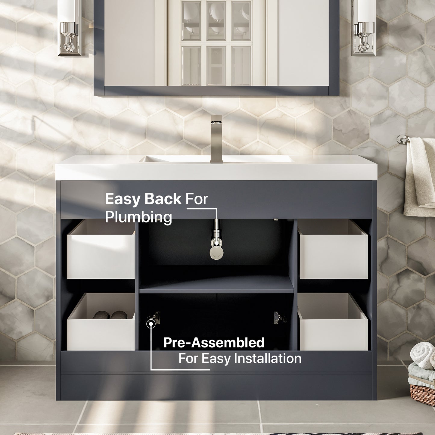 Eviva Lugano 42" Gray Modern Bathroom Vanity with White Integrated Acrylic Sink