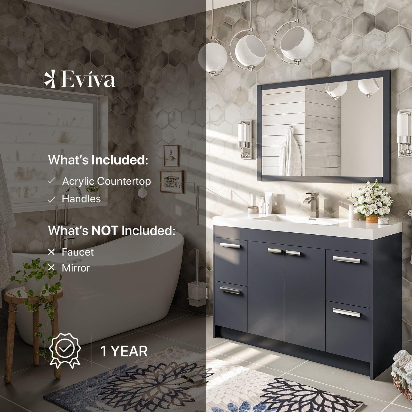 Eviva Lugano 42" Gray Modern Bathroom Vanity with White Integrated Acrylic Sink