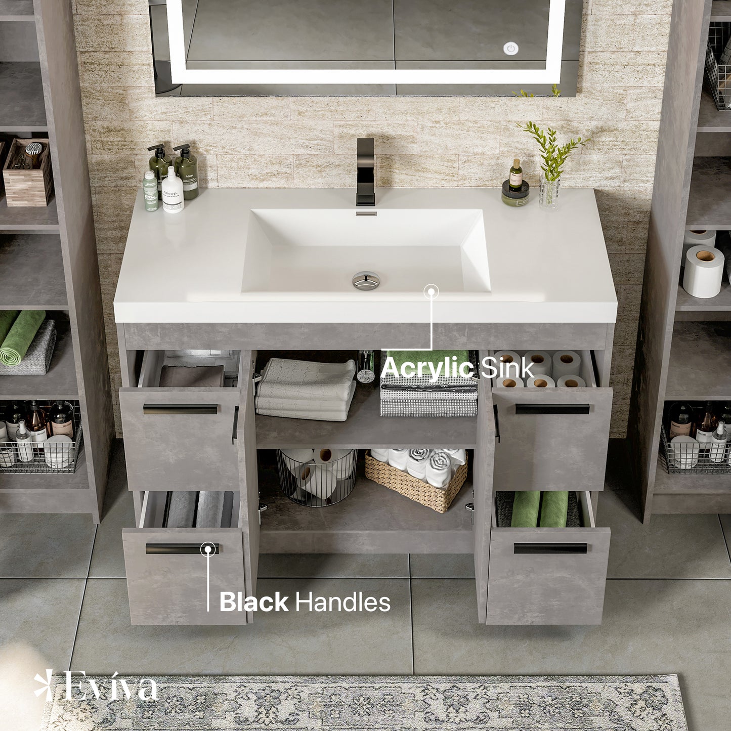 Eviva Lugano 42" Cement Gray Modern Bathroom Vanity with White Integrated Acrylic Sink