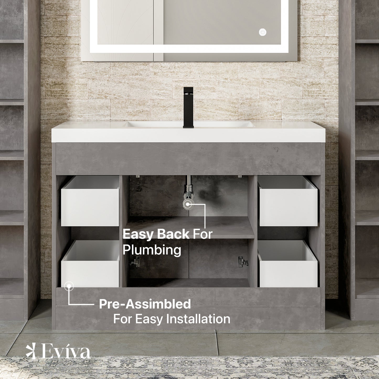 Eviva Lugano 42" Cement Gray Modern Bathroom Vanity with White Integrated Acrylic Sink