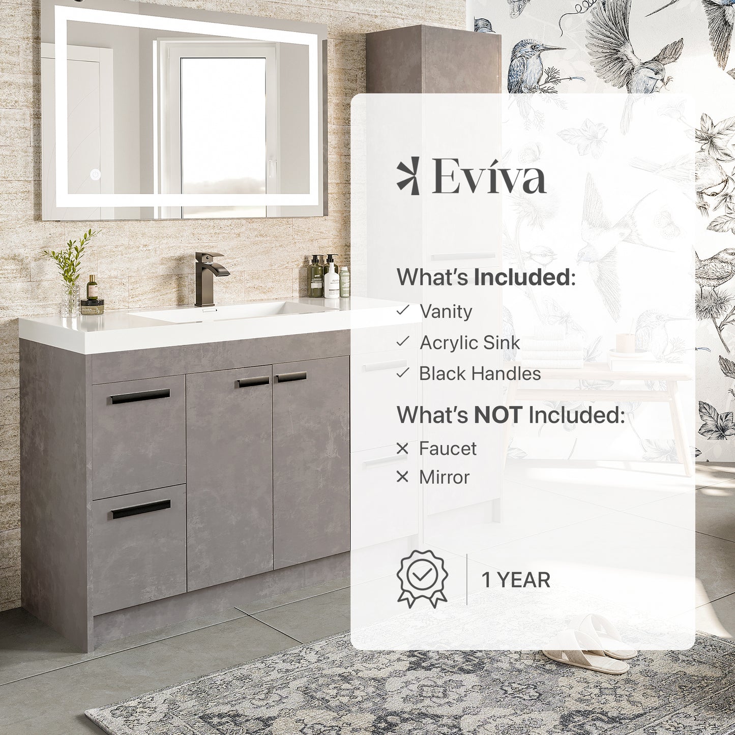 Eviva Lugano 42" Cement Gray Modern Bathroom Vanity with White Integrated Acrylic Sink