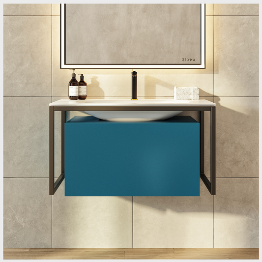 Eviva Modena 32" Wall Mounted Teal Bathroom Vanity with White Integrated Solid Surface Countertop