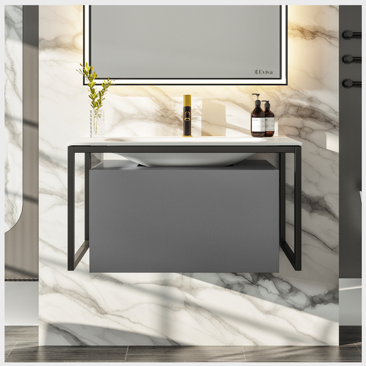 Eviva Modena 32" Wall Mounted Gray Bathroom Vanity with White Integrated Solid Surface Countertop