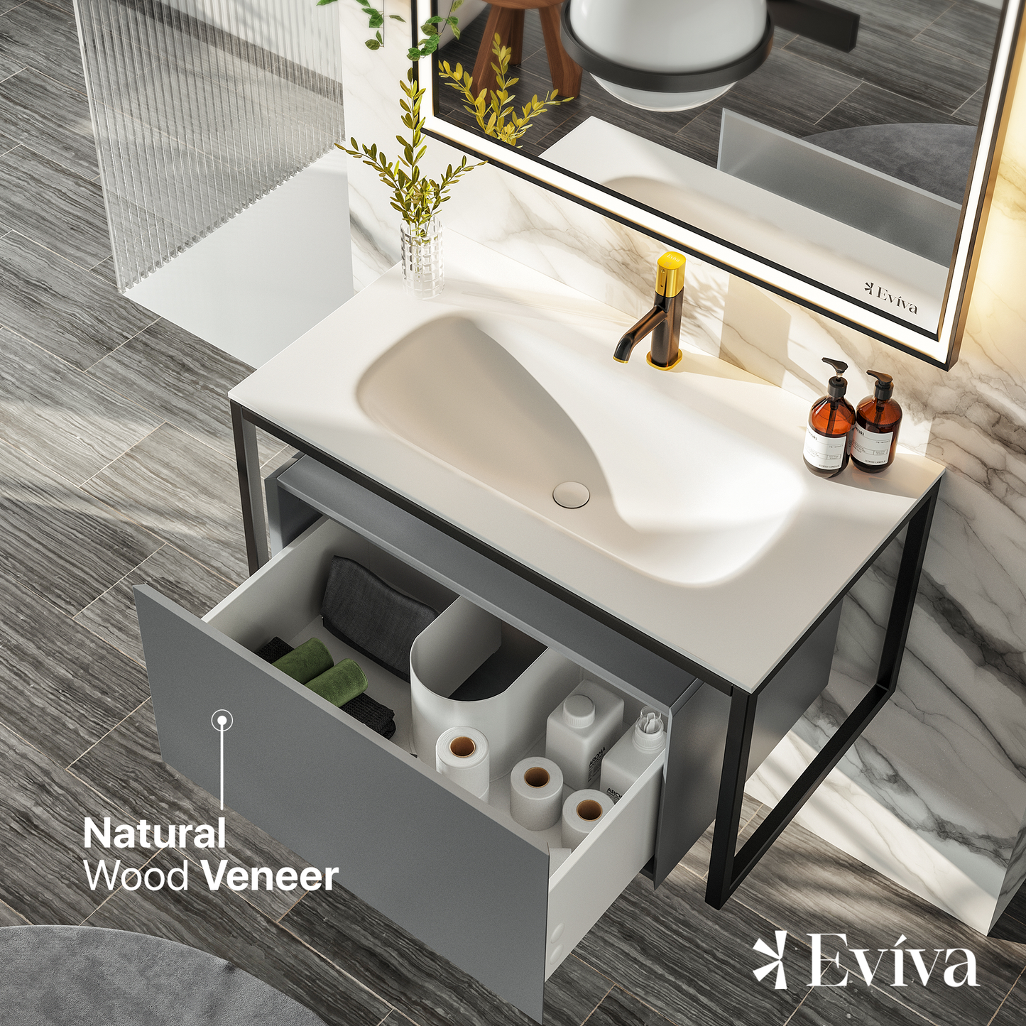 Eviva Modena 32" Wall Mounted Gray Bathroom Vanity with White Integrated Solid Surface Countertop