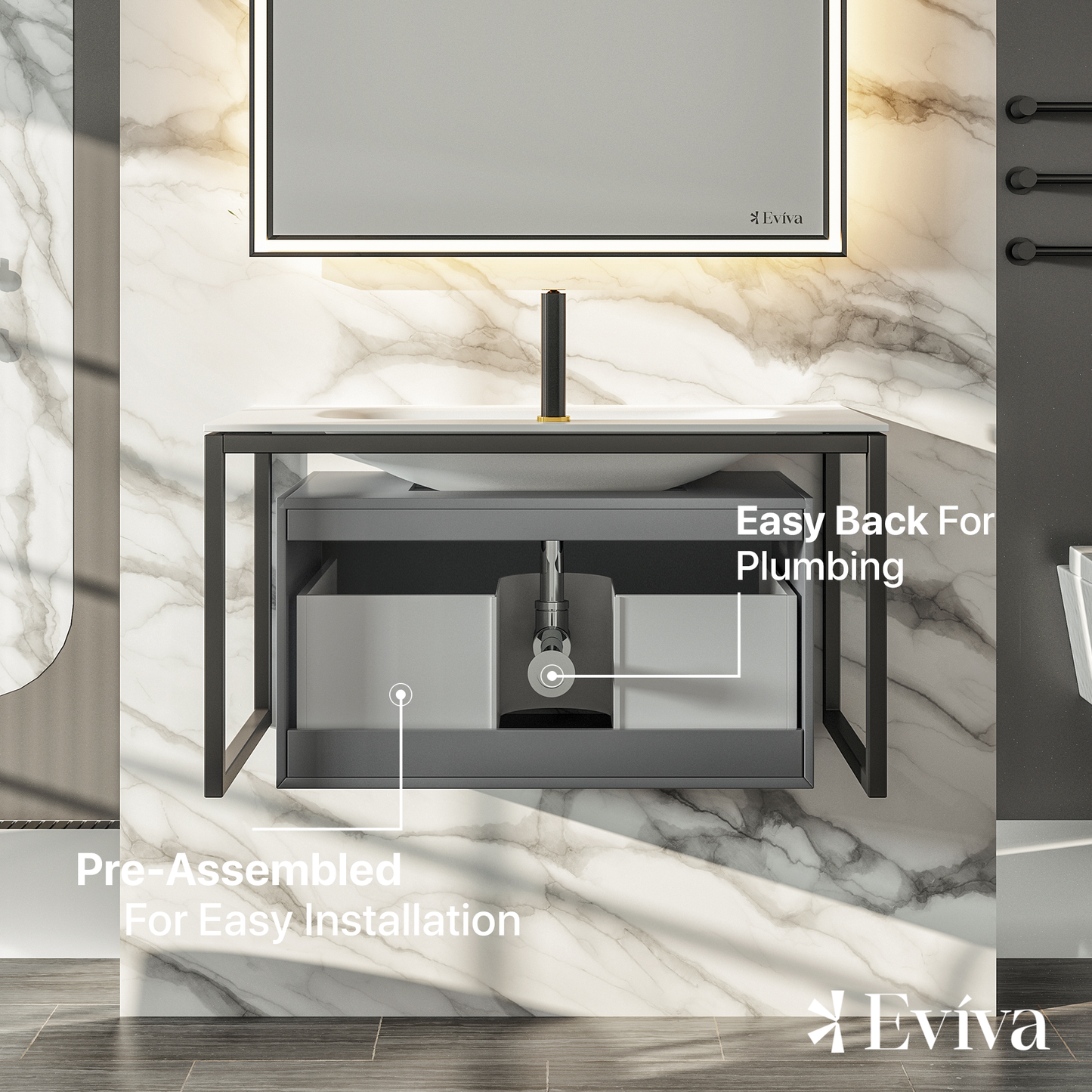 Eviva Modena 32" Wall Mounted Gray Bathroom Vanity with White Integrated Solid Surface Countertop