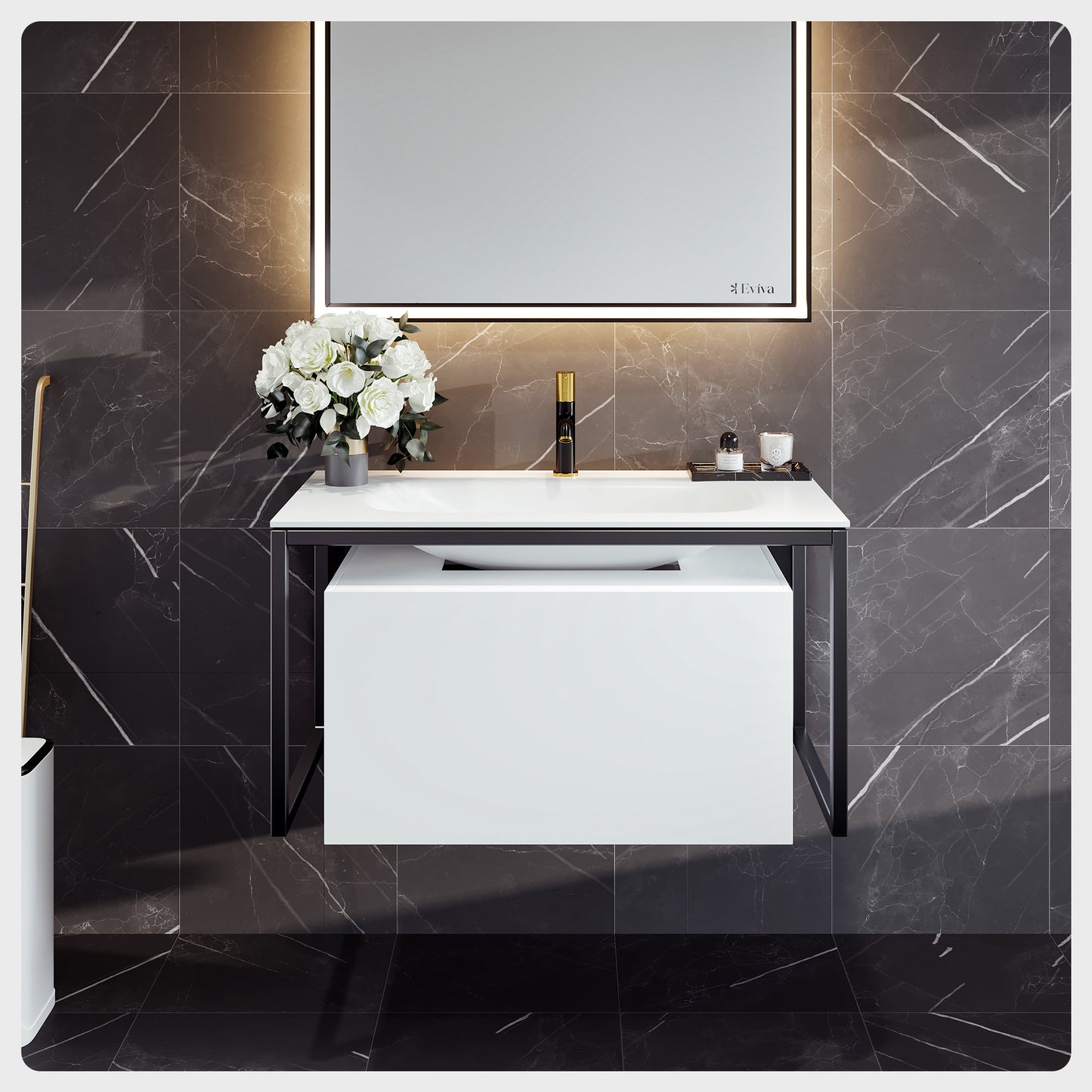 Eviva Modena 32"W x 18"D White Wall Mount Bathroom Vanity with Solid Surface Countertop and Integrated Sink