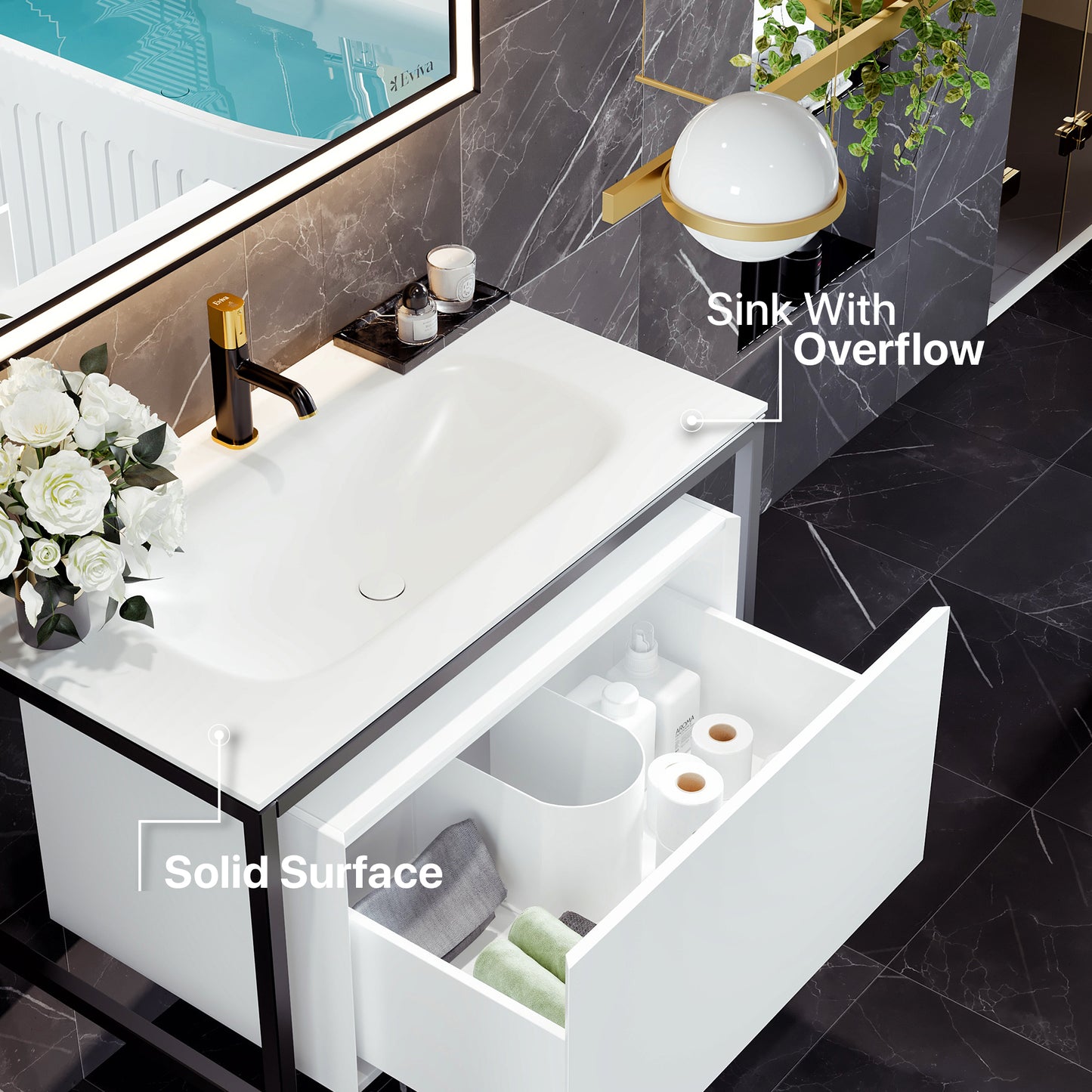 Eviva Modena 32"W x 18"D White Wall Mount Bathroom Vanity with Solid Surface Countertop and Integrated Sink