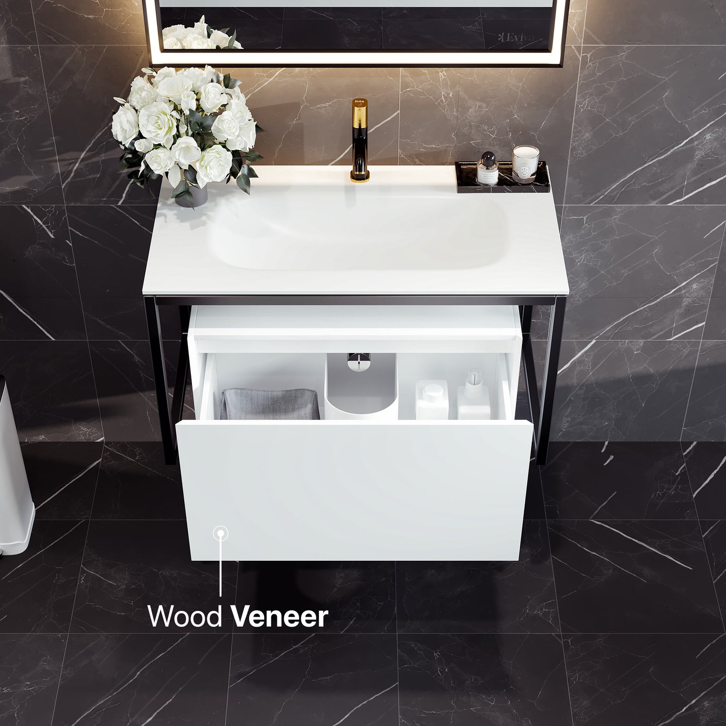 Eviva Modena 32"W x 18"D White Wall Mount Bathroom Vanity with Solid Surface Countertop and Integrated Sink