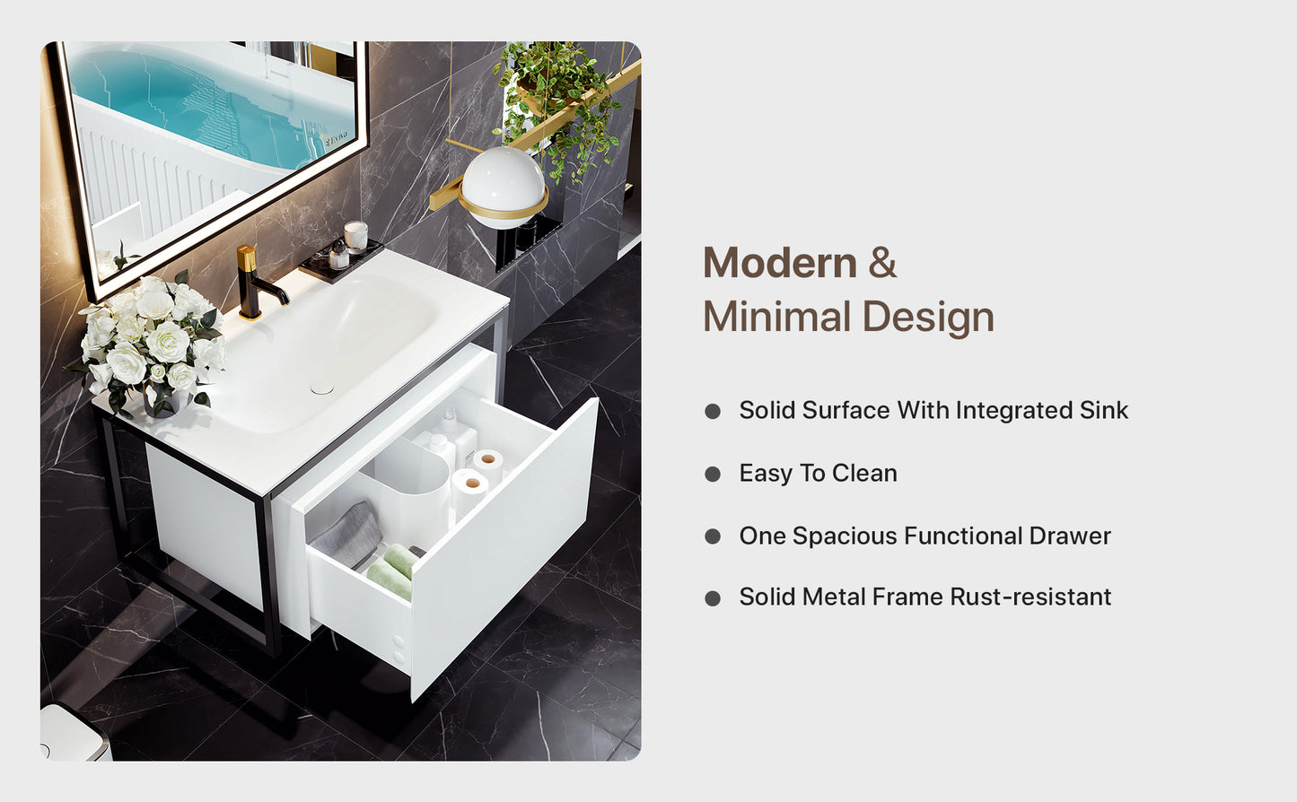 Eviva Modena 32"W x 18"D White Wall Mount Bathroom Vanity with Solid Surface Countertop and Integrated Sink