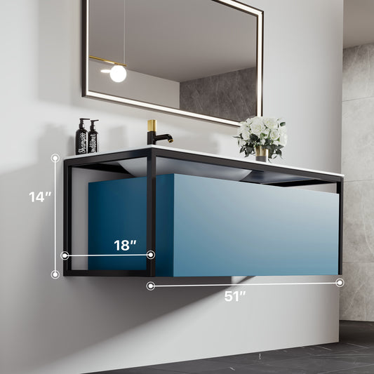 Eviva Modena 51" Wall Mounted Teal Bathroom Vanity with White Integrated Solid Surface Countertop