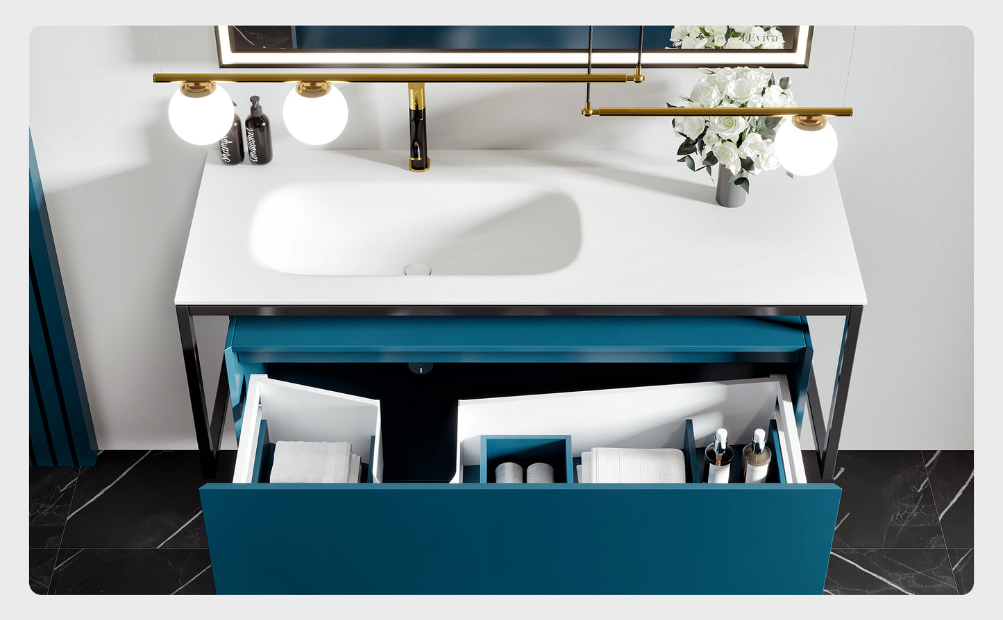 Eviva Modena 51" Wall Mounted Teal Bathroom Vanity with White Integrated Solid Surface Countertop