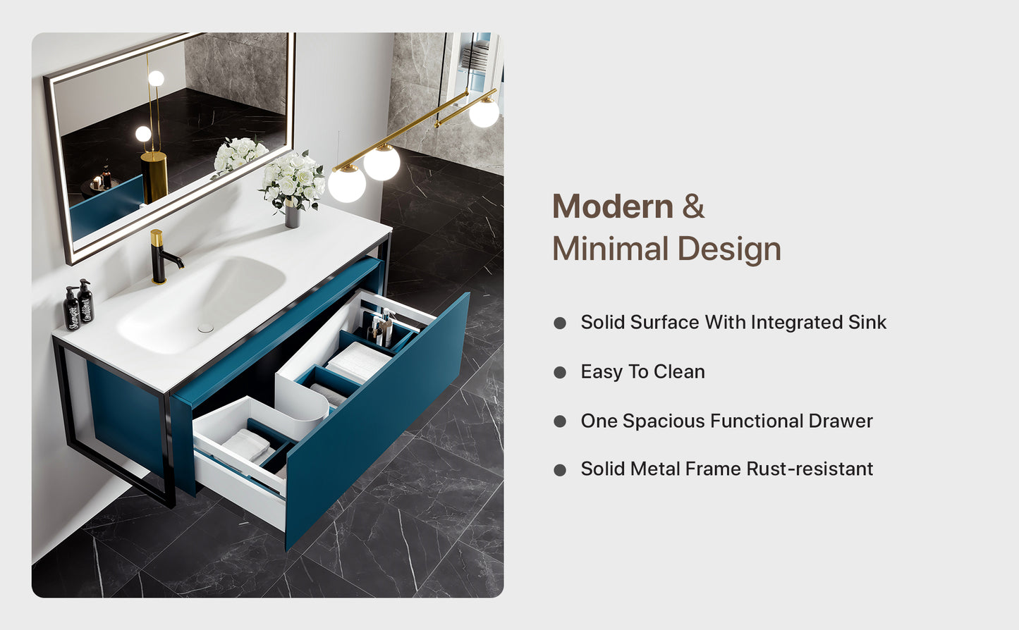 Eviva Modena 51" Wall Mounted Teal Bathroom Vanity with White Integrated Solid Surface Countertop