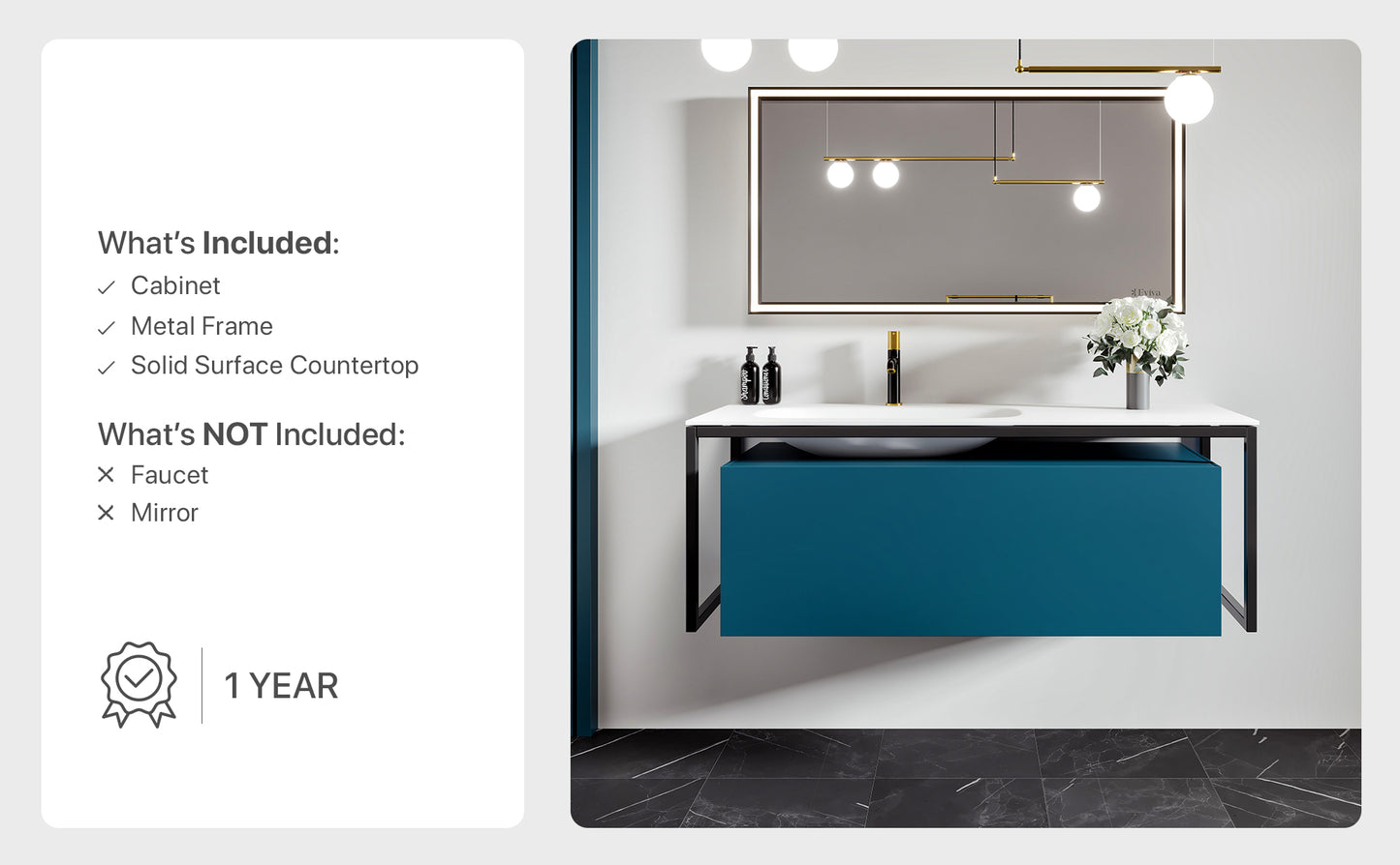 Eviva Modena 51" Wall Mounted Teal Bathroom Vanity with White Integrated Solid Surface Countertop