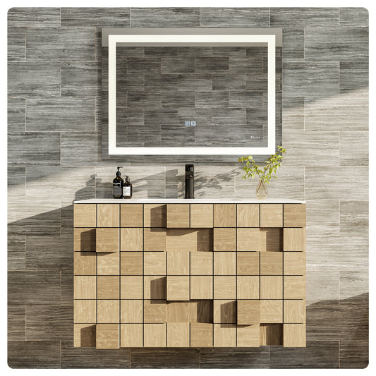 Eviva Mosaic 33" Wall Mounted Oak Bathroom Vanity with White Integrated Solid Surface Countertop