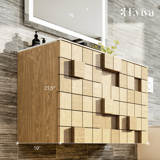 Eviva Mosaic 33" Wall Mounted Oak Bathroom Vanity with White Integrated Solid Surface Countertop