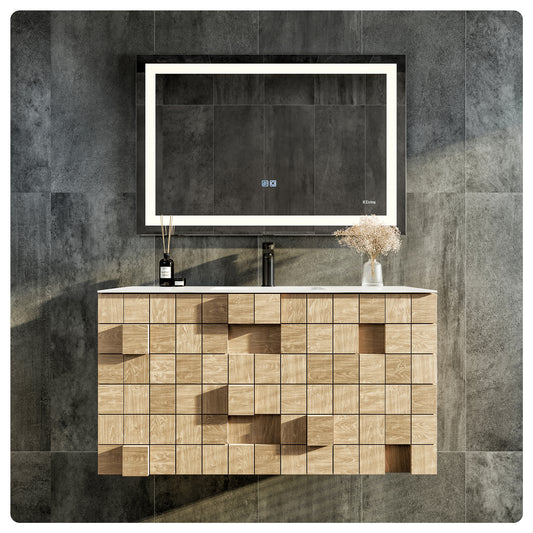 Eviva Mosaic 36" Wall Mounted Oak Bathroom Vanity with White Integrated Solid Surface Countertop