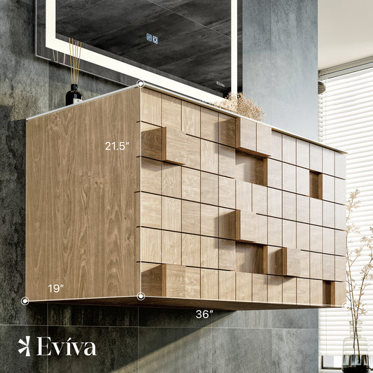 Eviva Mosaic 36" Wall Mounted Oak Bathroom Vanity with White Integrated Solid Surface Countertop