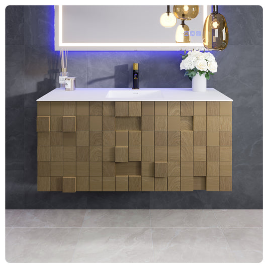 Eviva Mosaic 48"W x 20"D Natural Oak Wall Mount Bathroom Vanity with Solid Surface Countertop and Integrated Sink