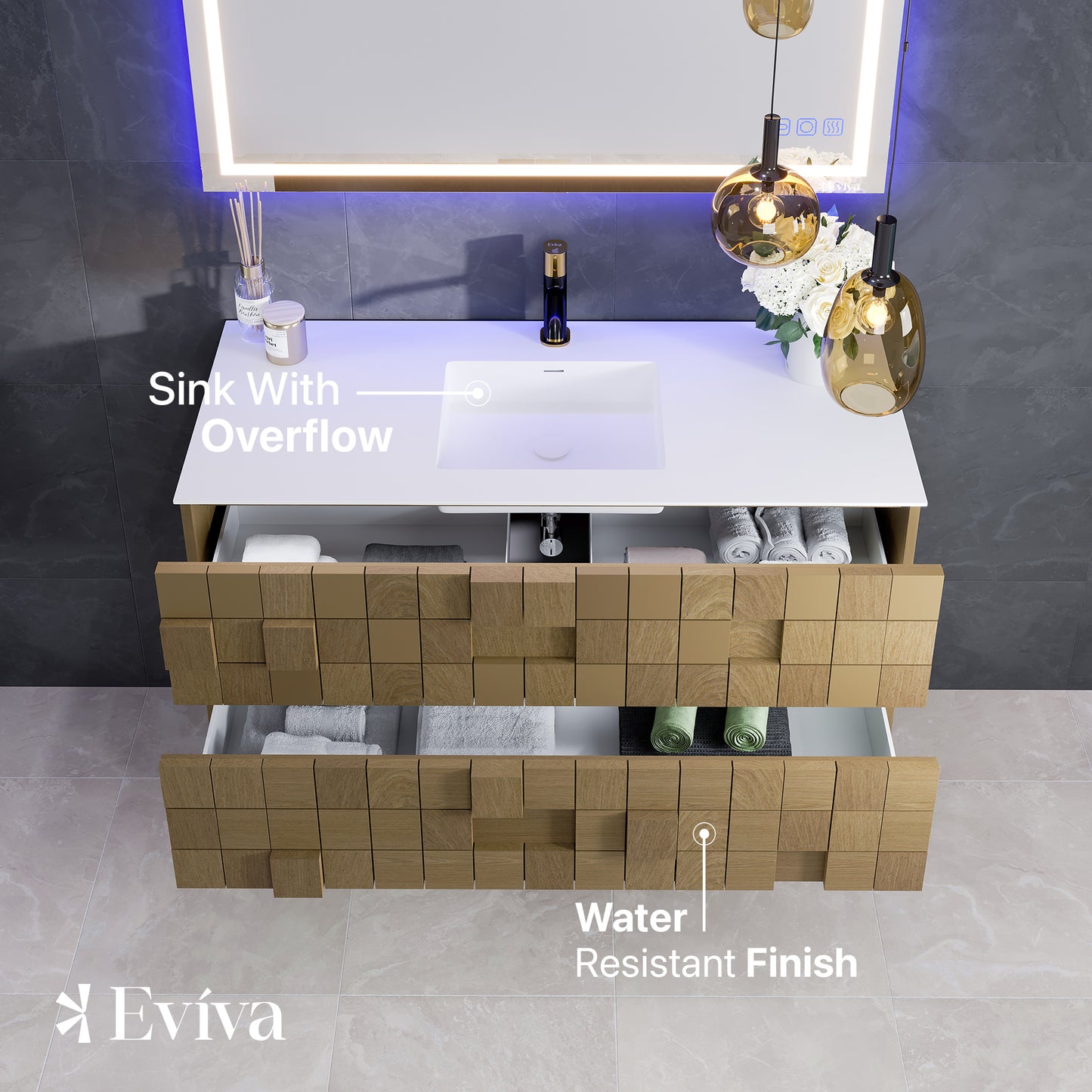 Eviva Mosaic 48"W x 20"D Natural Oak Wall Mount Bathroom Vanity with Solid Surface Countertop and Integrated Sink