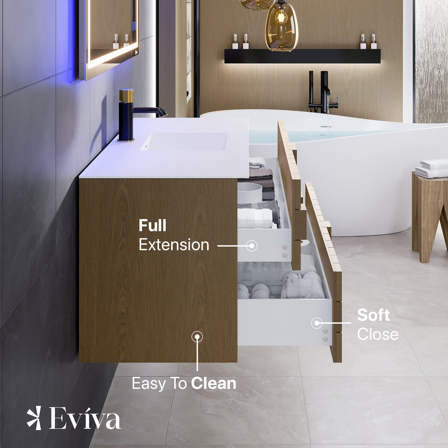 Eviva Mosaic 48"W x 20"D Natural Oak Wall Mount Bathroom Vanity with Solid Surface Countertop and Integrated Sink