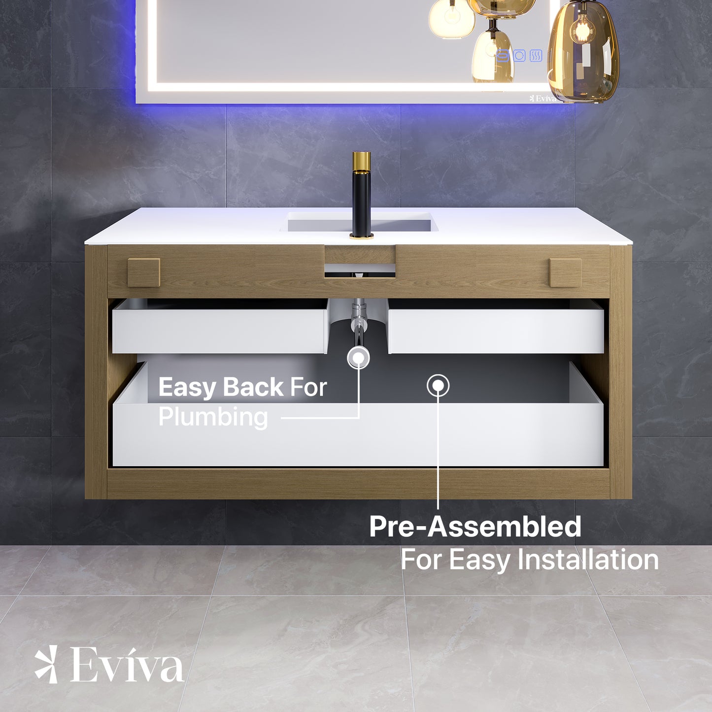 Eviva Mosaic 48"W x 20"D Natural Oak Wall Mount Bathroom Vanity with Solid Surface Countertop and Integrated Sink