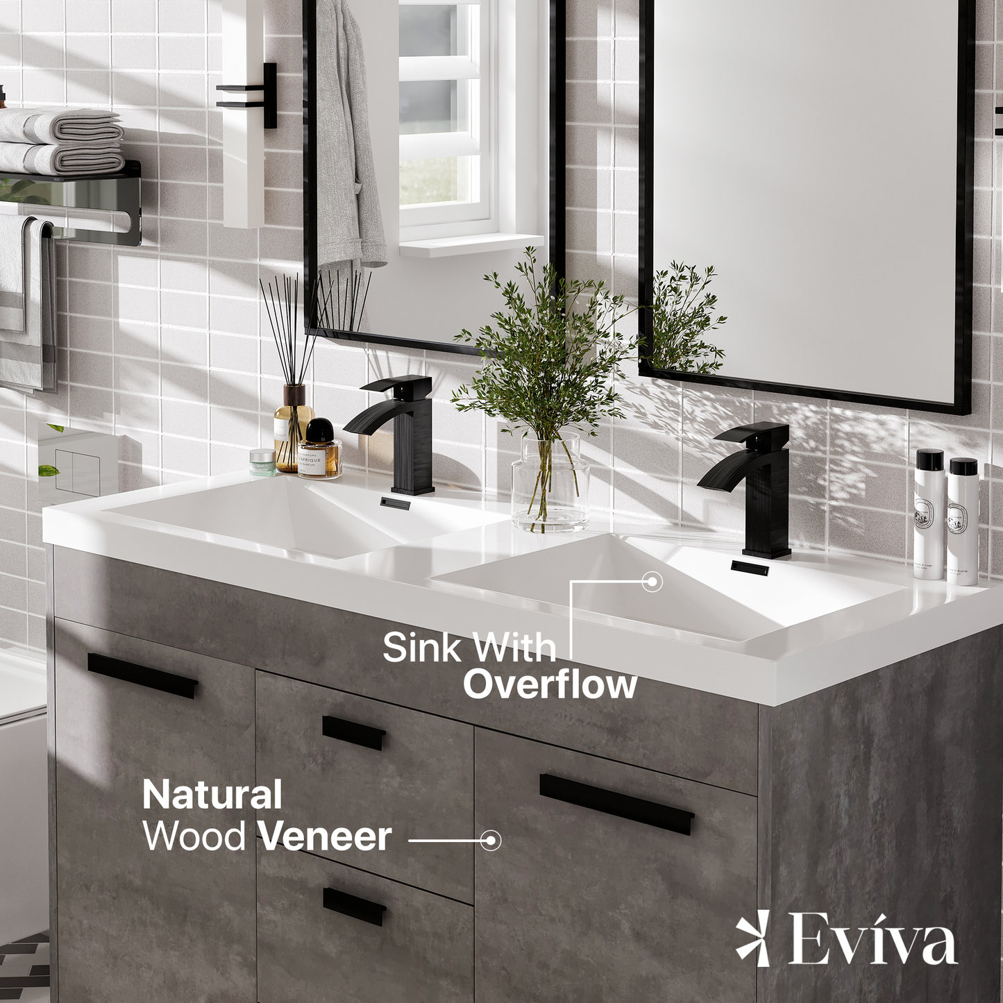 Eviva Lugano 48" Cement Gray Modern Double Sink Bathroom Vanity w/ White Integrated Top