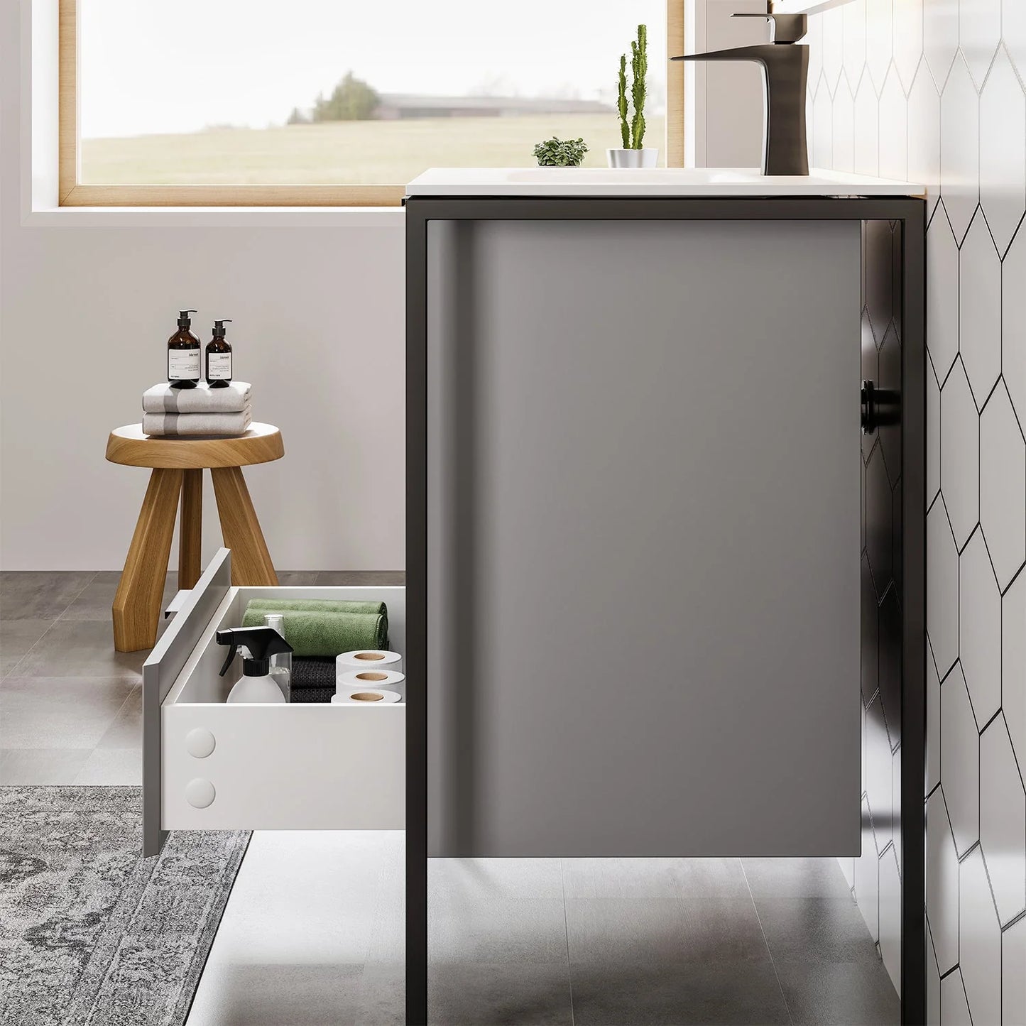 Moma 32"W x 18"D Gray Wall Mount Bathroom Vanity with White Solid Surface Countertop and Integrated Sink