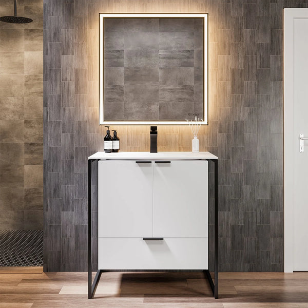 Moma 32W x 18D White Wall Mount Bathroom Vanity with White Solid Surface Countertop and Integrated Sink