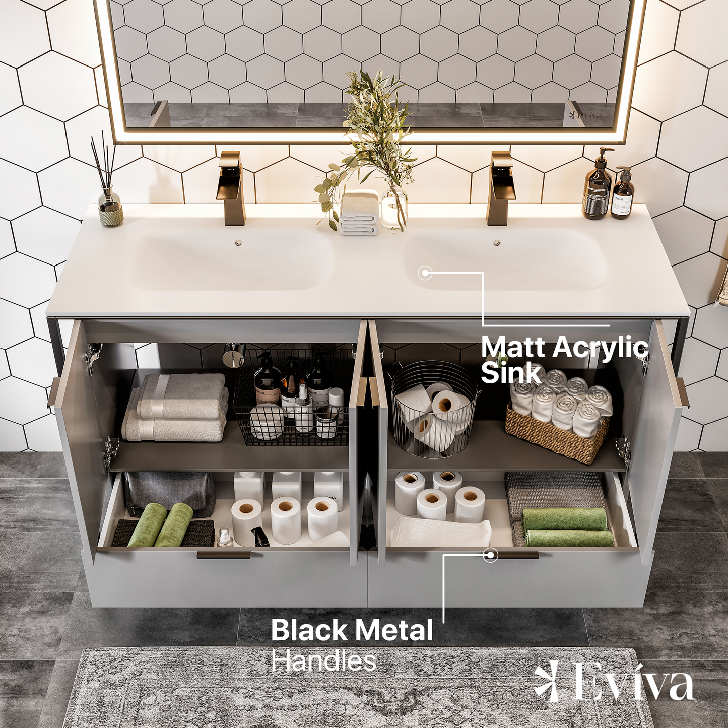 Eviva Moma 48" Grey Double Sink Bathroom Vanity with Black Metallic Legs