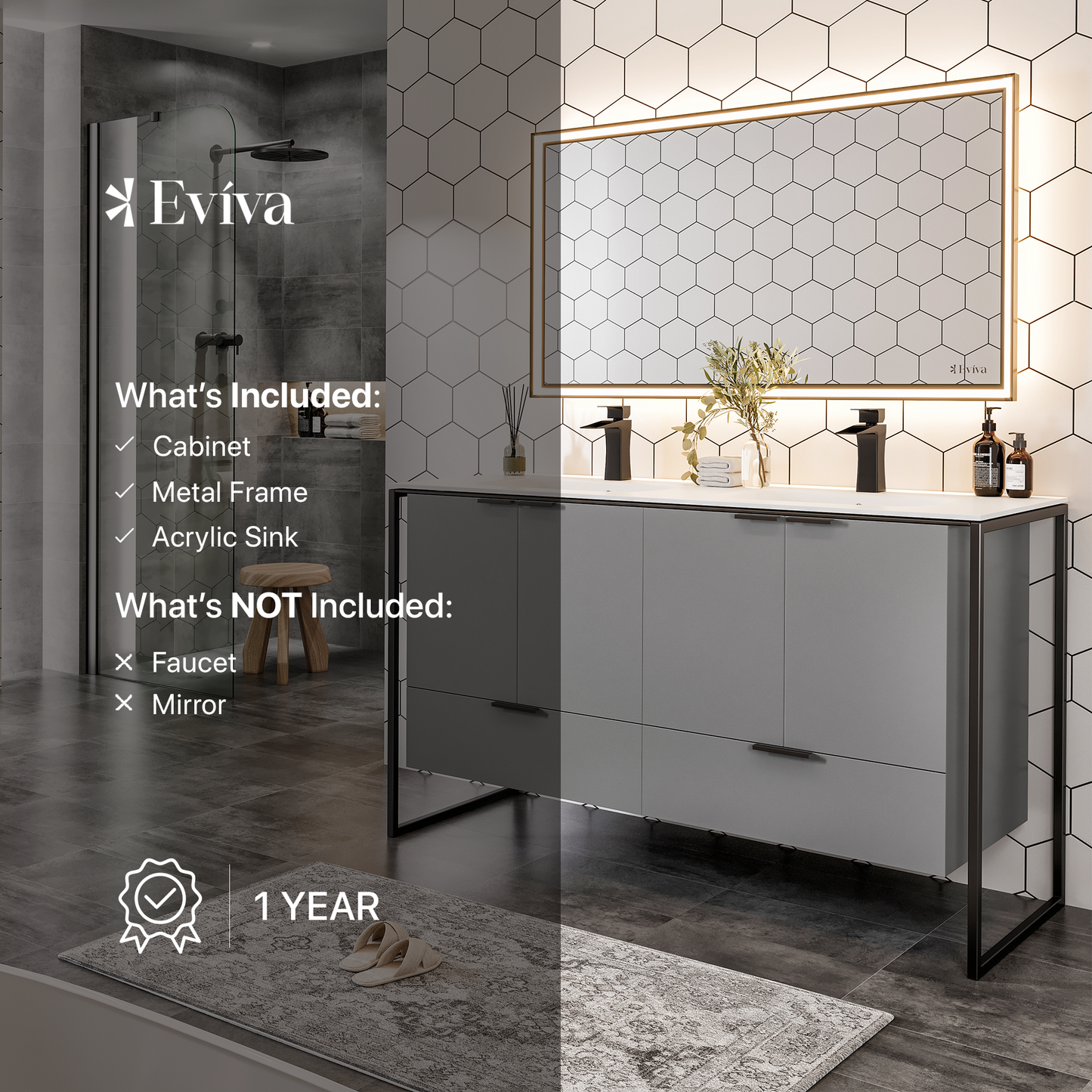 Eviva Moma 48" Grey Double Sink Bathroom Vanity with Black Metallic Legs