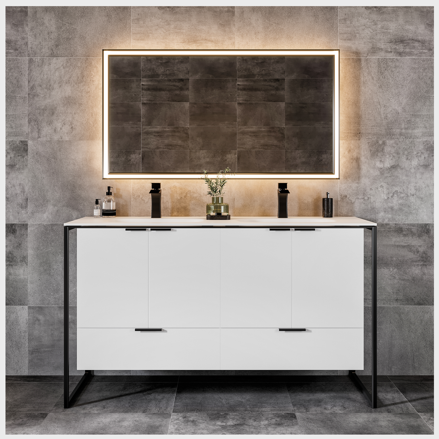 Eviva Moma 48" White Double Sink Bathroom Vanity with Black Metallic Legs