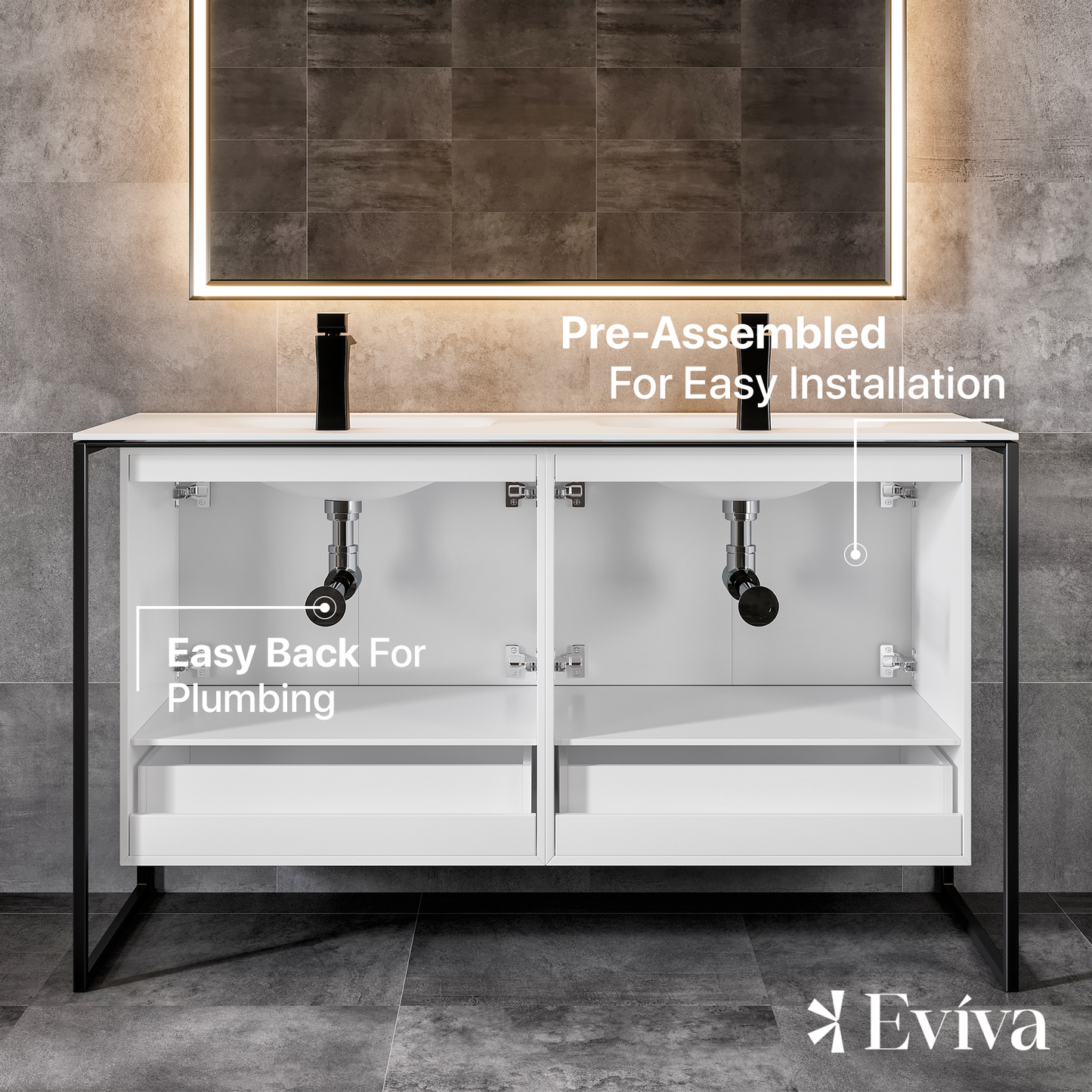 Eviva Moma 48" White Double Sink Bathroom Vanity with Black Metallic Legs